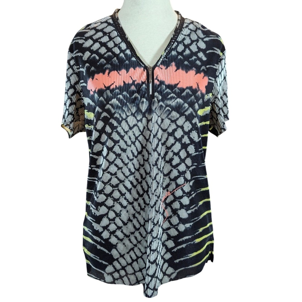 Jamie Sadock Top Women L Black Snakeskin Pleated Quarter Zip Short Sleeve Golf‎